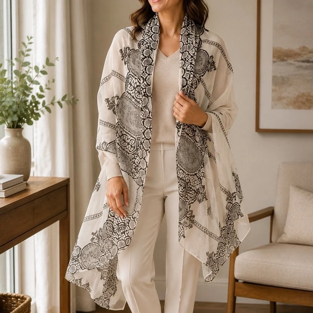 Chico's‎ Scarf Wrap Women OS White Black Lace Print Lightweight Shawl Classic